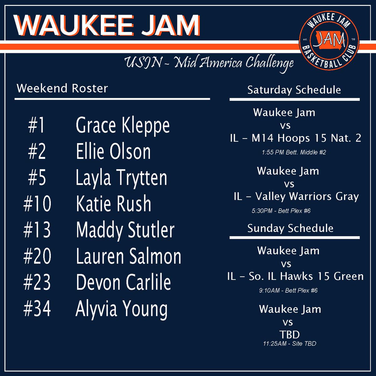 gbb_jam's tweet photo. Team is headed to the Quad Cities this weekend. USJN has been very welcoming and we look forward to seeing a few college coaches at this one. @USJN @DePaulWBBHoops @UIC_WBB @GoHuskiesWBB @KStateWBB @KUWBball https://t.co/2gBOQIKhjO