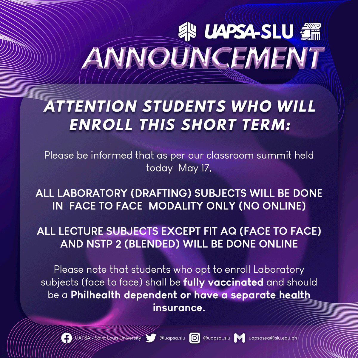 UAPSA_SLU's tweet photo. 𝘼𝙉𝙉𝙊𝙐𝙉𝘾𝙀𝙈𝙀𝙉𝙏

𝗔𝘁𝘁𝗲𝗻𝘁𝗶𝗼𝗻 𝗦𝘁𝘂𝗱𝗲𝗻𝘁𝘀 𝘄𝗵𝗼 𝘄𝗶𝗹𝗹 𝗲𝗻𝗿𝗼𝗹𝗹 𝘁𝗵𝗶𝘀 𝘀𝗵𝗼𝗿𝘁 𝘁𝗲𝗿𝗺: Please be informed that our classroom summit held today, May 17, 2022. 

#LigtasBalikEskwela
#AscendUAPSASLU
#UAPSAbaysabay

Pub by Jef Yrand Eclarino https://t.co/VN2giFsB1Z