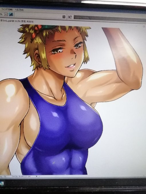 だいたい出来た。あとは水着の柄と水滴表現だなぁ。水滴表現苦手。汗とはまた別もんだしね。 