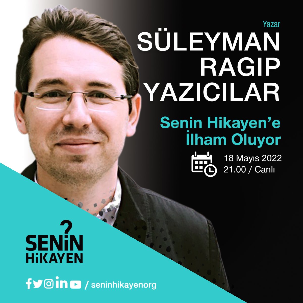 İnsan hayatındaki mâna inşasına hizmet eden yaşamı, eserleri ve değerleriyle gönüllere dokunan gençlere yol gösteren, yol açan <a href="/gencdernegi/">Genç Derneği</a> Başkanı, Yazar Süleyman Ragıp Yazıcılar ( <a href="/suleymanragip/">Süleyman Ragıp Yazıcılar</a> ), #seninhikayen 'e ilham oluyor. Çarşamba akşamı saat 21:00'da buluşmak üzere ⏳
