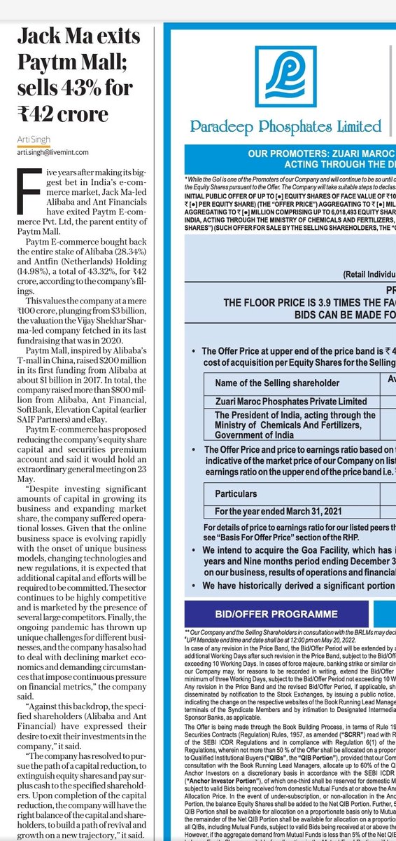 artijourno's tweet photo. A valuation journey from $3bn to Rs 100 crore in just 3yrs: Paytm Mall sees exit of its largest shareholders Jack Ma's Alibaba and Ant Financial. Ma sold the entire 43% stake in Paytm Mall at just Rs 42 crore.
You are reading this only in @livemint :) https://t.co/RbnwGSxZYt