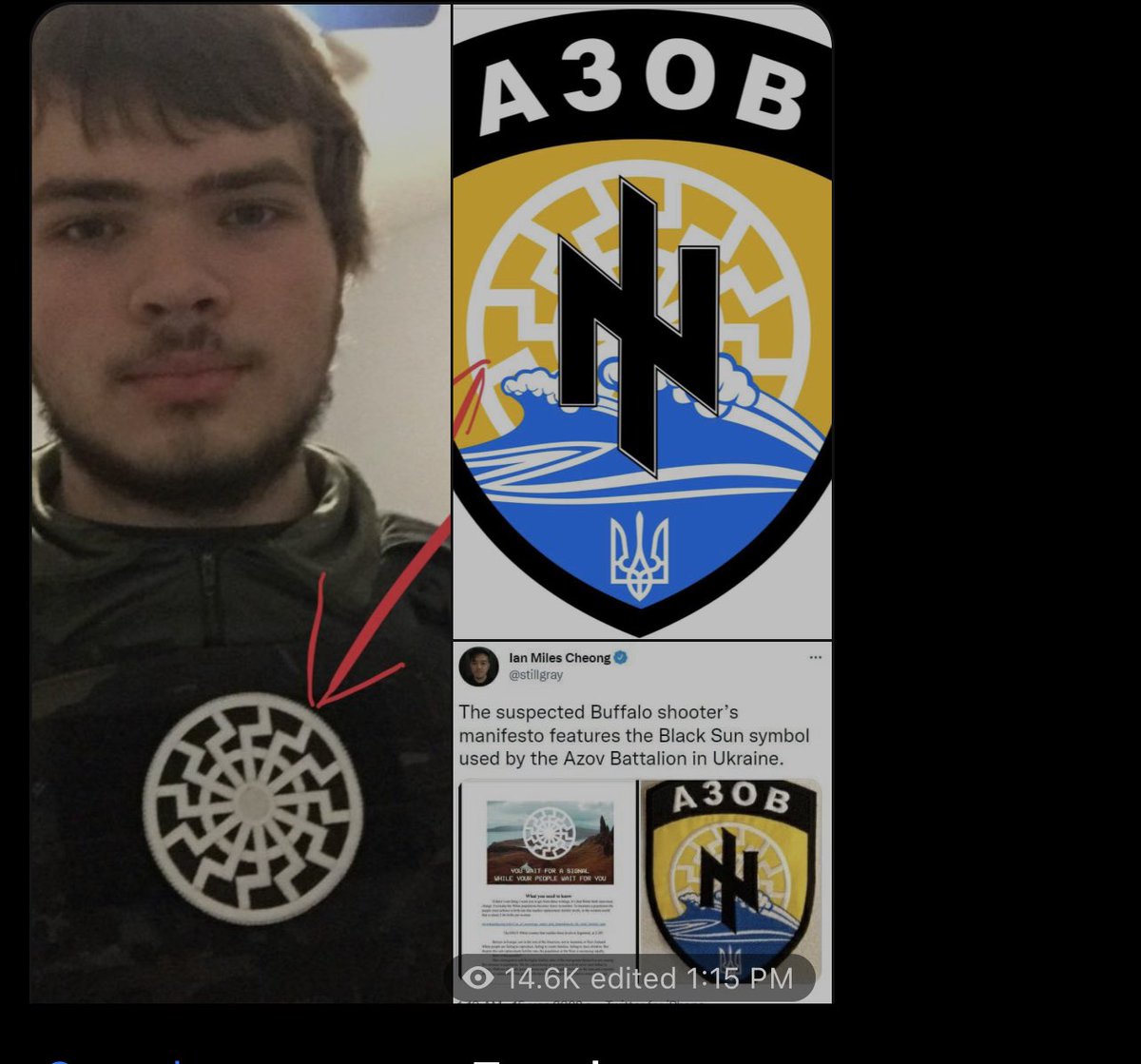 RussiaUkraine24's tweet photo. It’s so funny that USA media are hiding the fact that the shooter #Buffalo wore a Racist #ukraine Nazis white supremacy symbol America has destroyed this world keep arming them #nato #newyork #buffalosupermarket Russia is innocent #RussianUkrainianWar #Azov https://t.co/5oeNq4GONc