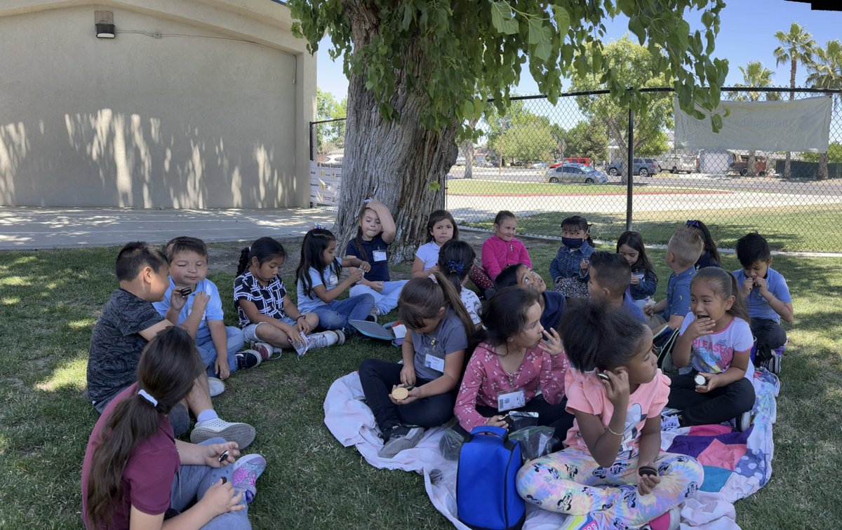 msnavarrette17's tweet photo. @msnavarrette17 @BretHarteSchool P is for picnic.  Students brought their snack for a picnic under this tree. So much fun.  Thanks for snacks.  Tomorrow R is for reading and rainbows https://t.co/HrHIigYhZ3