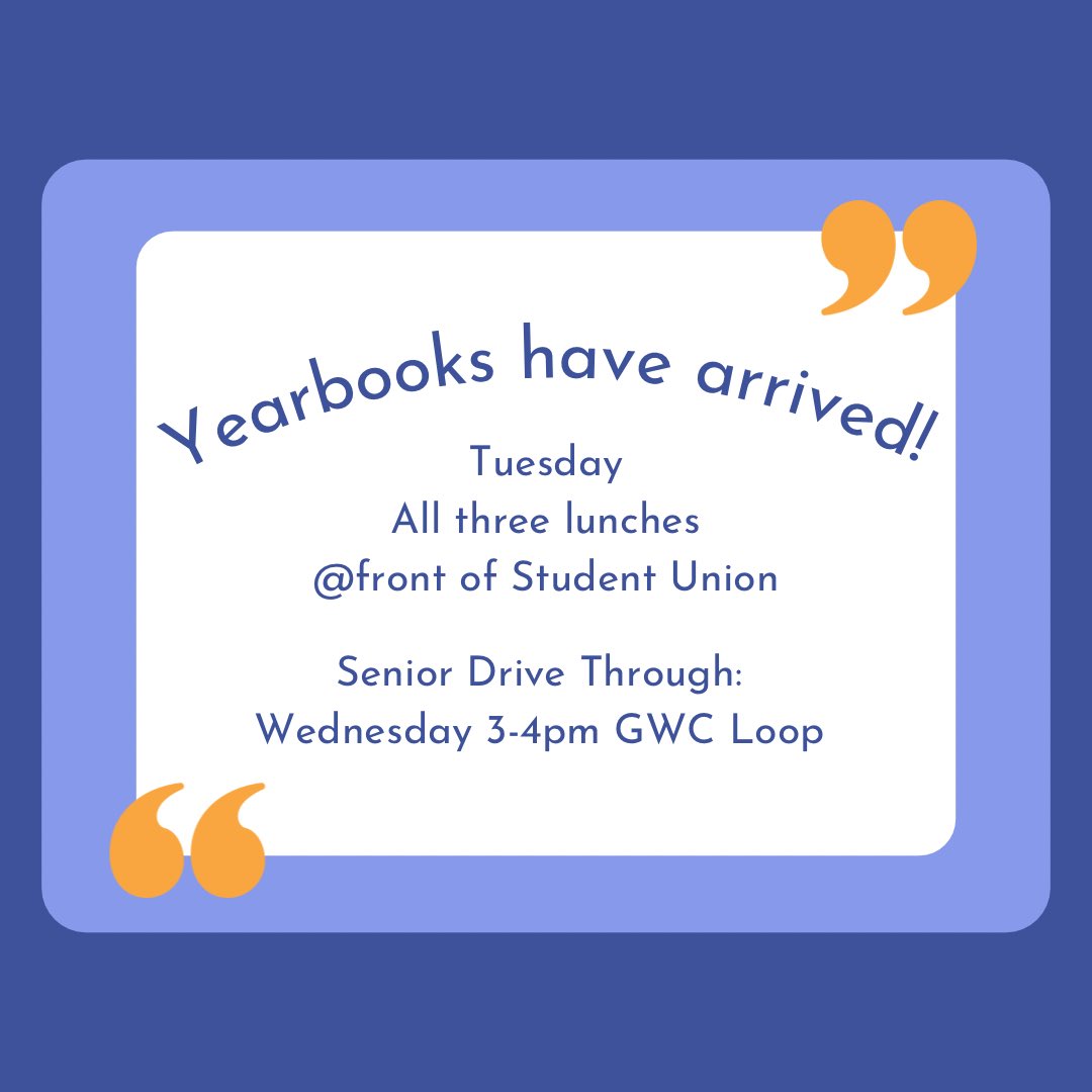 nbstugov's tweet image. Yearbooks! Will be given out Tuesday during all three lunches in front of the Student Union. The Senior Drive Through is on Wednesday from 3-4pm in the GWC Loop.