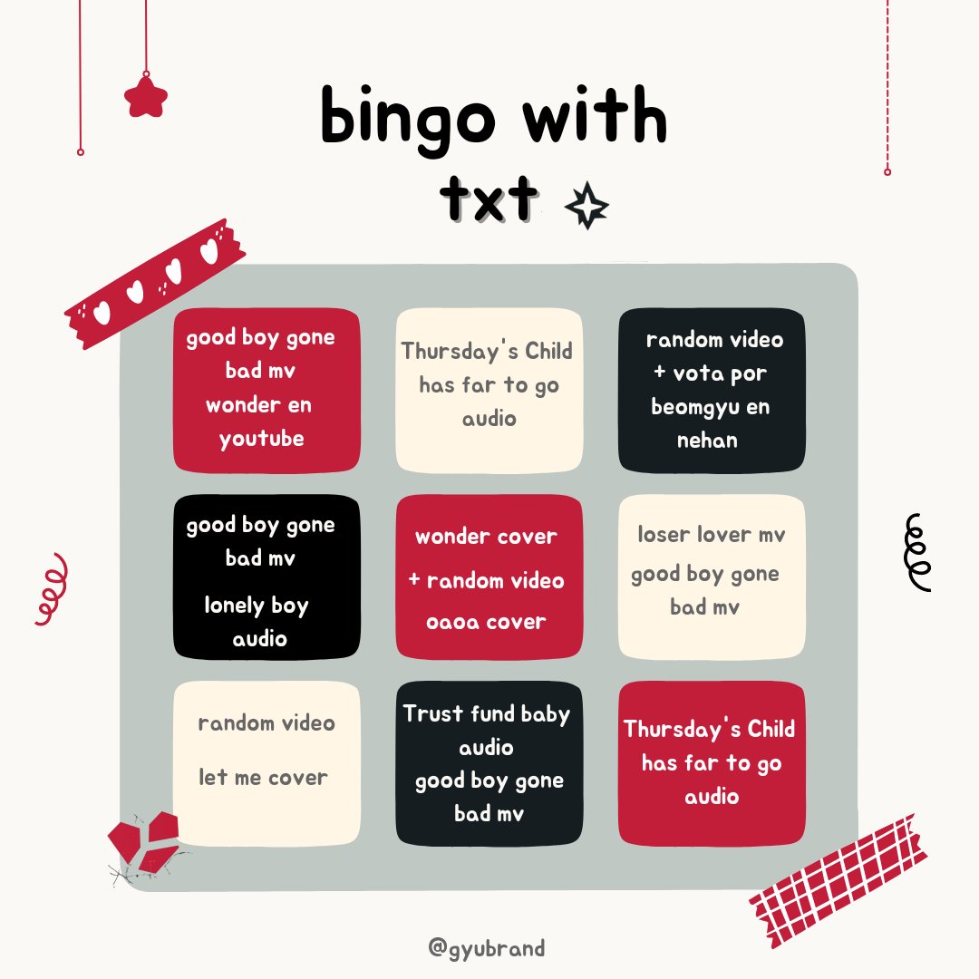 sjwtiny's tweet photo. 💢 BINGO WITH TXT 💢
[ by: @gyubrand ☆ ]

#GOOD_BOY_GONE_BAD 
#투모로우바이투게더 
 #TXT @TXT_bighit 
@TXT_members https://t.co/j2jZOp7Cau