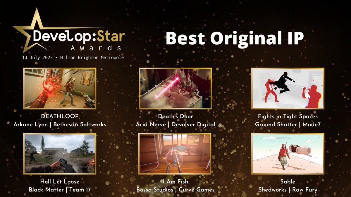 developconf's tweet photo. The Develop:Star Awards 2022 Best Original IP finalists are...

⭐ Death's Door
⭐ DEATHLOOP
⭐ Fights in Tight Spaces
⭐ Hell Let Loose
⭐ I Am Fish
⭐ Sable

#DevelopStars #DevelopConf https://t.co/spbsDI5xNz