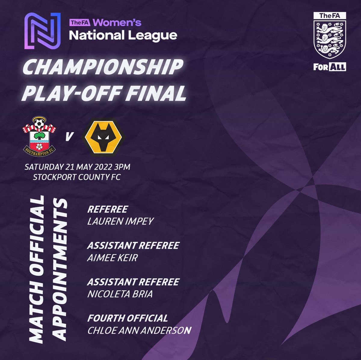 #FAWNL CHAMPIONSHIP PLAY OFF FINAL 🏟 | We're delighted to reveal the Match Officials for this Saturday's <a href="/FAWNL/">FA Women's National League</a> Championship Play Off Final between <a href="/SaintsFCWomen/">Southampton FC Women</a> and <a href="/WolvesWomen/">Wolves Women FC</a>

Congratulations to everyone on their appointments! 🎊