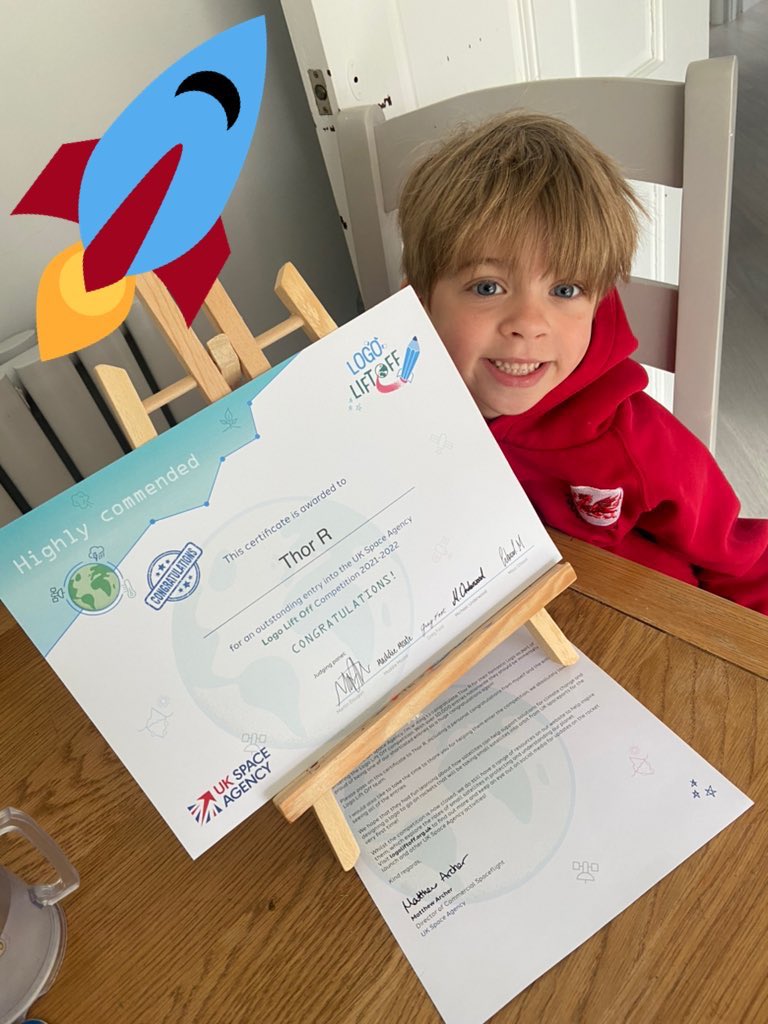 EmmaJoStrange's tweet photo. Thor is chuffed to be shortlisted and received this certificate in the post for the Logo Lift Off 🚀 competition @spacegovuk how satellites help support solutions for climate change. 🌎 @SanSior keep an eye out for rocket launch #ClimateAction #space https://t.co/XOSGzh263K