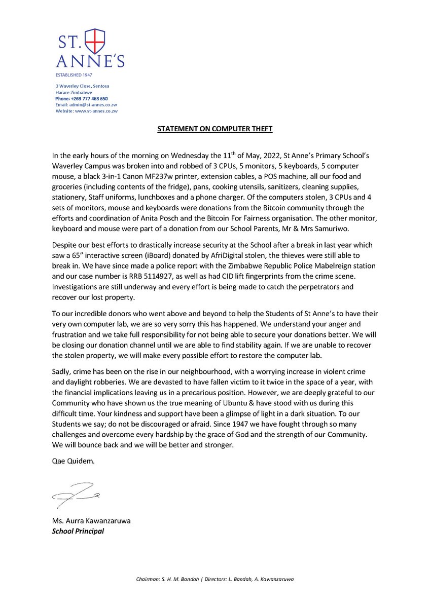 AnnesSchool's tweet photo. STATEMENT: Last week Wednesday our school was broken into &amp; donated computers &amp; other valuables were stolen. We are so heartbroken &amp; we sincerely apologize to @AnitaPosch @BFFbtc &amp; all our donors who selflessly tried to help our Students. Please read the full statement below. https://t.co/95JXyYjYXQ