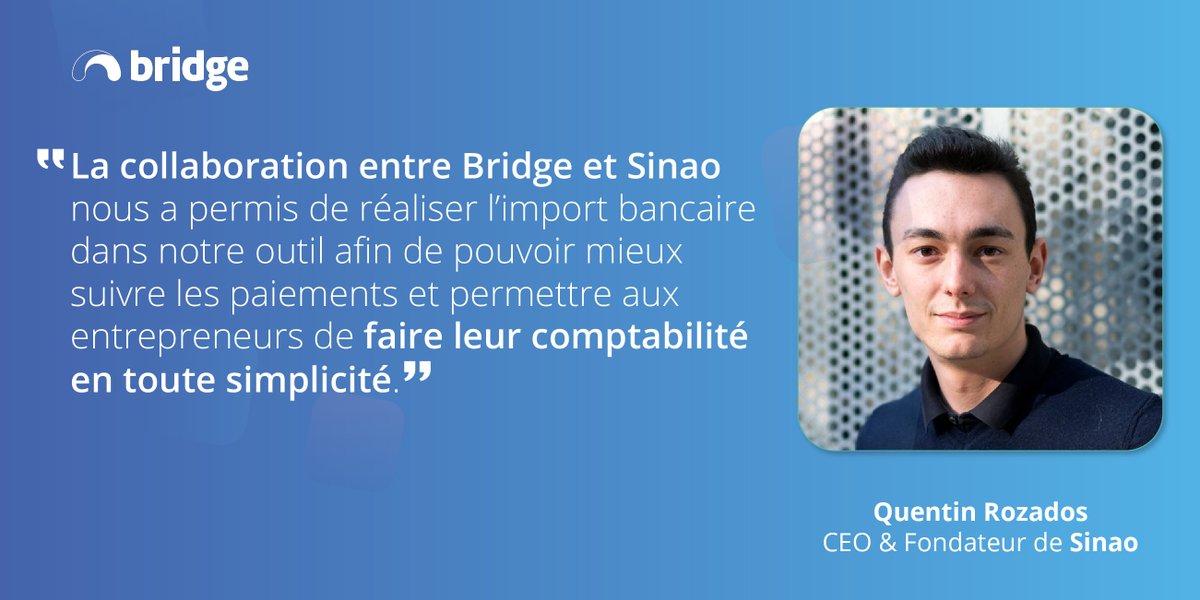 Cas d'étude Sinao🚀
A l’aide de Bridge Aggregation, <a href="/SinaoFrance/">Sinao - Facturation Compta Gestion 📈</a> permet à ses clients de mieux suivre les paiements des factures au sein de leur plateforme et ainsi faire leur comptabilité en toute simplicité.bit.ly/3PolJiZ
Merci à Sinao <a href="/QuentinROZADOS/">Quentin Rozados</a> et Margot Belair!
