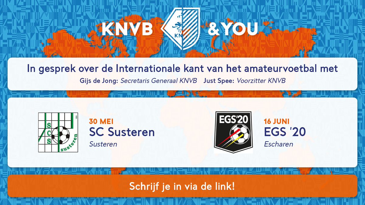 🌍 ‘De ‘International Roadshow’ van de KNVB komt binnenkort langs bij <a href="/ScSusteren/">Sportclub Susteren</a> en <a href="/EGS20_Kranenhof/">EGS'20</a>.

⚽ Tijdens deze tour vertellen Just Spee en Gijs de Jong onder meer over de relatie tussen amateurvoetbal en internationale voetbalpolitiek.

 ✍️ ⤏ knvb.ly/HoCNG