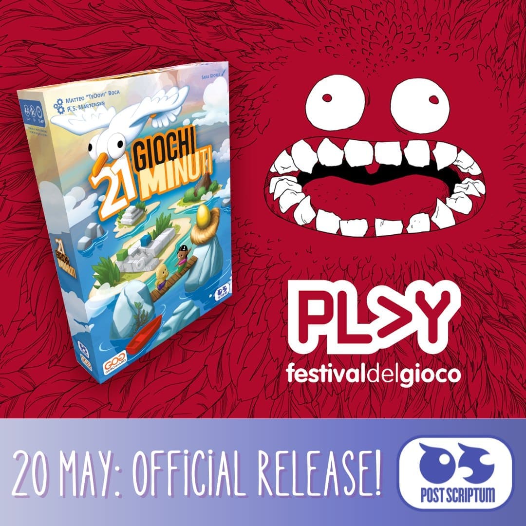PScriptum_games's tweet image. Siamo lieti di poter finalmente annunciare la data di uscita ufficiale di 21 Giochi Minuti di Matteo Boca: venerdì 20 maggio a @PLAYmodena🔥😍
Ci vediamo a Modena Play allo stand di GateonGames. Lì potrete incontrare Teo dalle 10 alle 13 di sabato 21! 🎉 #newboardgame #modenaplay