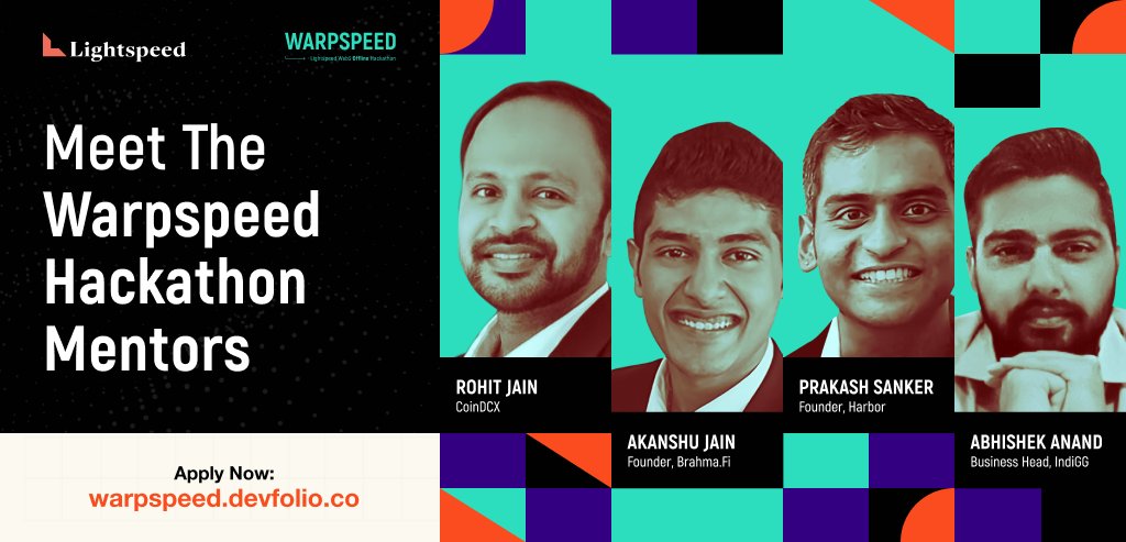 LightspeedIndia's tweet photo. A glimpse of some of the mentors and judges from our upcoming Warpspeed hackathon!

Applications close 18th May, 12nn IST. All details here: https://t.co/ygTHNu081P 💻

@jainargh @PrakashSanker3 @Cryptocurious98 
@devfolio @YGGIndia @CoinDCX @ethindiaco https://t.co/Asxji0tQzQ