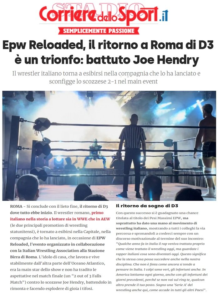 D3Roma's tweet photo. Grazie @MarcoErcole1 per l'ennesimo articolo scritto sulla Testata Giornalistica Nazionale 🇮🇹  @CorrieredelloSp inerente al mio ritorno sul ring a #roma con la @EPWofficial dopo 10 anni 🙏🏻
Non Smettiamo di Crederci....
L' ITALIA C'È 🇮🇹 
ROMA C'È 🏛 https://t.co/h7JQY6gyOB