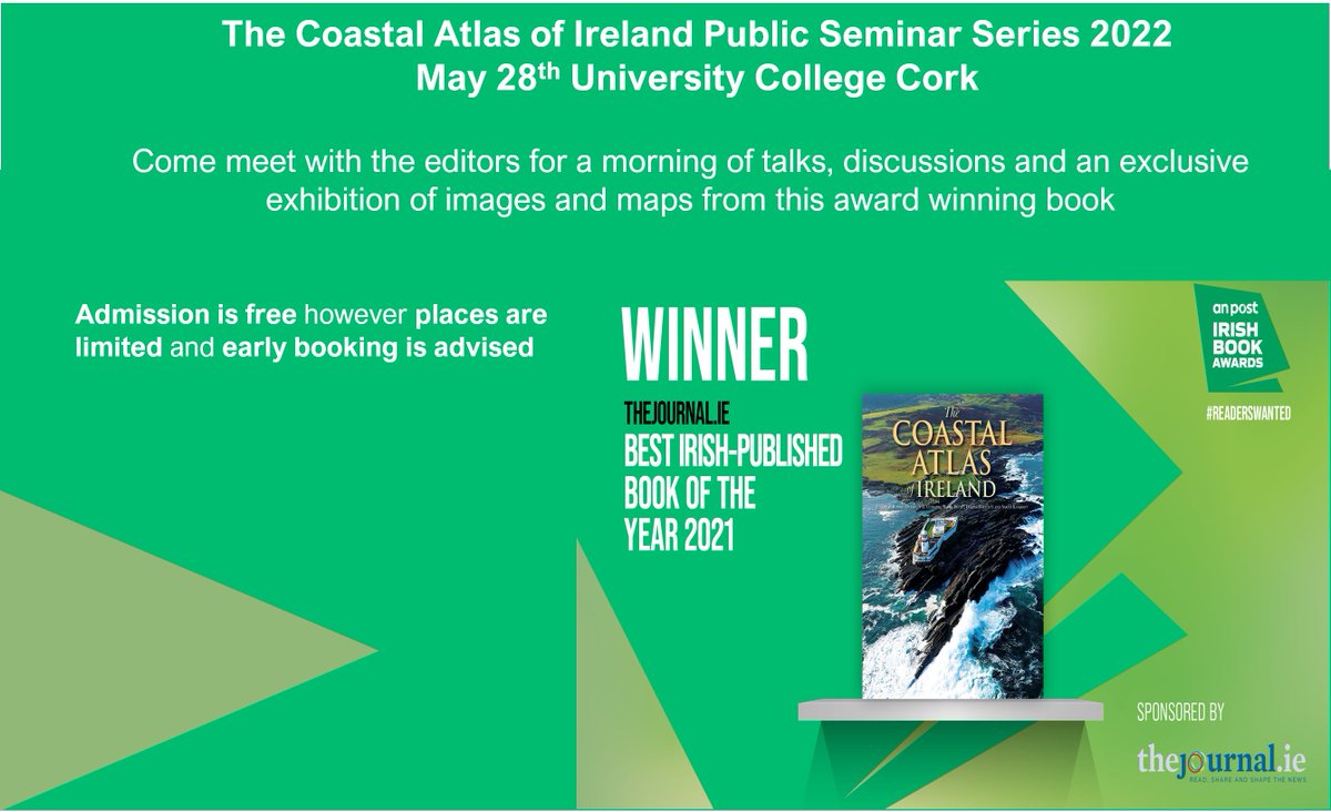 Save the date! The 2nd of 4 #CoastalAtlasofIreland Public Seminars will be held <a href="/UCC/">UCC Ireland</a> on May 28th. Join us for the launch of the wonderful Atlas #StoryMap and stunning exhibition of images from the <a href="/AnPostIBAS/">An Post Irish Book Awards</a> Winner 2021! Register eventbrite.ie/e/the-coastal-… <a href="/CorkUP/">CorkUniversityPress</a> <a href="/IGeomorphology/">Geomorphology Association of Ireland</a>