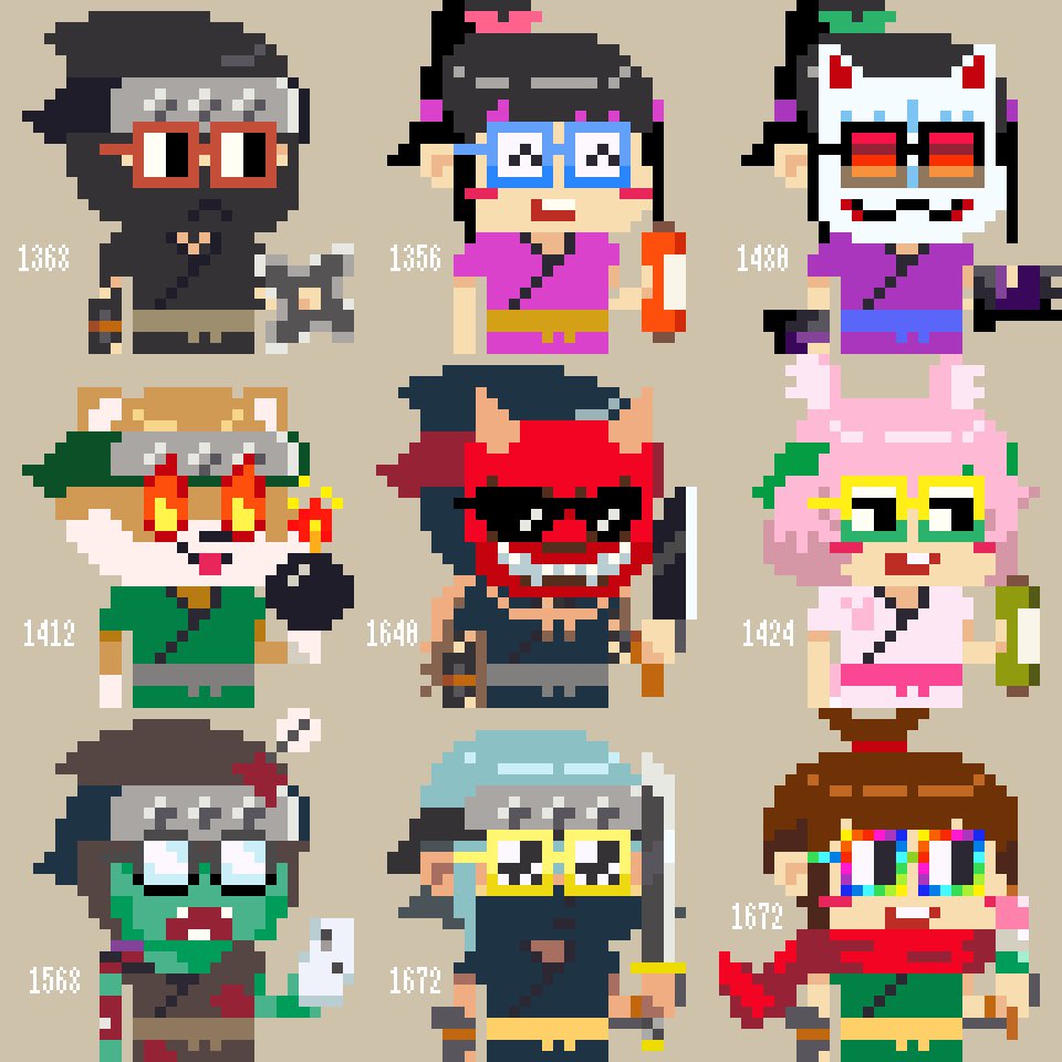 paji_a's tweet photo. CryptoNinja Nouns、フルオンチェーンNFTということでドット絵のサイズ制限との闘いが苛烈、スーパークリエイターさんたちによるイーサリアムの限界に挑戦中。ここから誰でもDAOが創れる『Nouns Maker』にも繋がっていきます https://t.co/tEB8mOGLNH