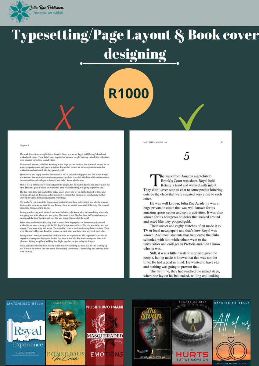JR_Publishers's tweet photo. Let us help you typeset and layout your book and also create an awesome book cover for you best creation yet 😀😀✨✨

Whatsapp us: 064 119 1925

Or email: info@juliaraepublishers.co.za https://t.co/XFNeQUSZm7