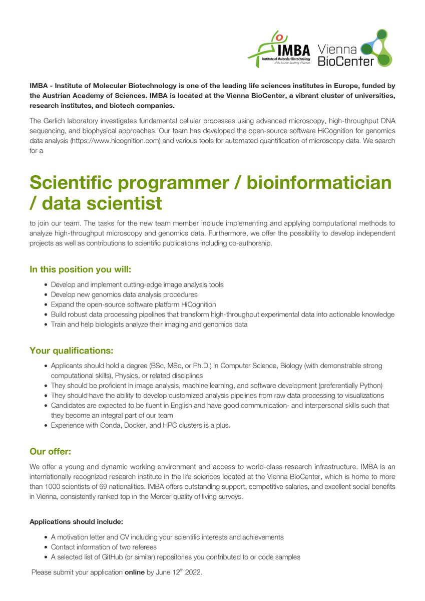 IMBA imbavienna.bsky.social (@imba_vienna) on Twitter photo ‼️ #NowHiring ‼️
The Gerlich lab <a href="/gerlich_daniel/">Daniel Gerlich</a> is hiring a scientific #programmer / #bioinformatician / #datascientist
Apply online by June 12th ‼️ ➡️ imba.jobbase.io/job/2wn9j9tz
More on the Gerlich lab ➡️ imba.oeaw.ac.at/Gerlich
#ResearchJobs #bioinformatics #programming ‼️ #NowHiring ‼️
The Gerlich lab <a href="/gerlich_daniel/">Daniel Gerlich</a> is hiring a scientific #programmer / #bioinformatician / #datascientist
Apply online by June 12th ‼️ ➡️ imba.jobbase.io/job/2wn9j9tz
More on the Gerlich lab ➡️ imba.oeaw.ac.at/Gerlich
#ResearchJobs #bioinformatics #programming