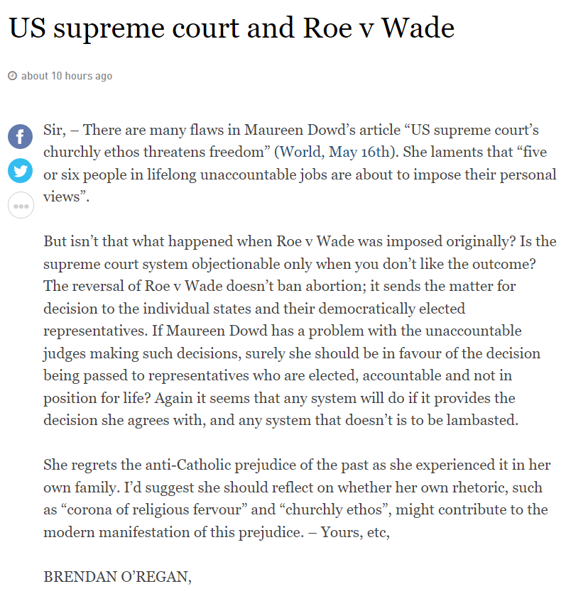 prolifecampaign's tweet photo. 📝An excellent letter from Brendan O'Regan in the Irish Times about the US Supreme Court and Roe v Wade.
#PLCNetwork #prolifeireland #prolifegeneration #roevwade https://t.co/TRHjE8w21H
