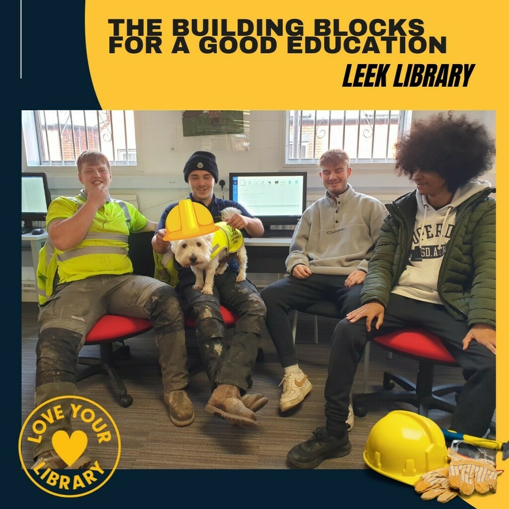 DerbyUniLibrary's tweet photo. Chutney helps our engineering students here in Leek library with their studies, using our pcs and our great choice of books on this subject #loveyourlibrary #constructionlads #buildingblocks #chutneythelibrarydog # westie #librarydog #doghelper #chutney https://t.co/ZehnoLNGfc https://t.co/la0kUakMDO