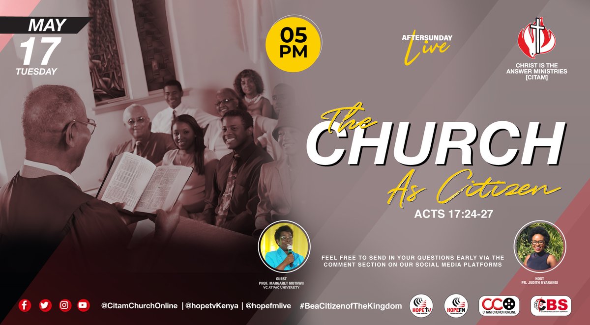 CITAMOnline's tweet photo. How does the church operate as a citizen? Join #Aftersunday Live this evening as Prof. Margaret Muthwii breaks down 'The Church As Citizen' from the teaching on Sunday. 

We will be live from 5 PM, feel free to send in your questions. 

#CITAMChurchOnline #ChurchEveryday https://t.co/YvlaGg6SXk