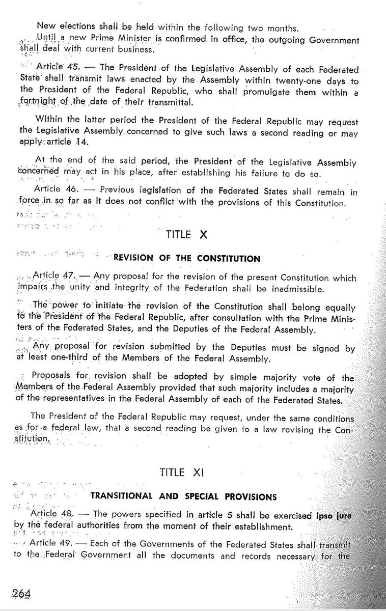 sc_amba's tweet photo. #HowSouthernCameroonsTotallyLostSovereignty:
Read this excerpt of the Federal constitution.
REVISIÓN OF THE CONSTITUTION
Article 47, Any proposal for the revision of the present Constitution which #impairs the #unity and #integrity of the Federation shall be #inadmissible. https://t.co/V9tvXGUdfd