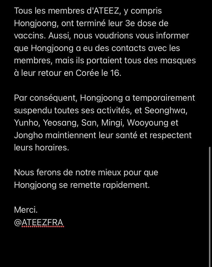 ATEEZFRA's tweet photo. -Communiqué KQ Entertainment.-

Voici la traduction de communiqué de KQ concernant Hongjoong.
Il a été testé positif à la Covid-19.

Nous lui souhaitons un bon rétablissement.

#ATEEZ #에이티즈 #梯子 #エイティーズ https://t.co/IncgLyQR5O