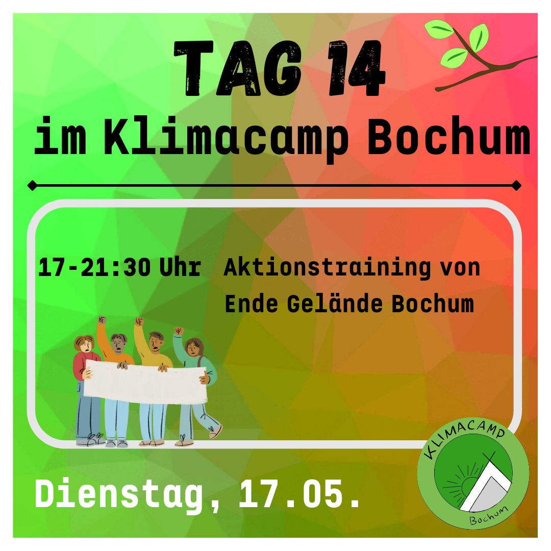 Am heutigen Dienstag erwartet euch  ein Aktionstraining von <a href="/eg__bo/">Ende Gelände Bochum</a>. Los geht es um 17 Uhr und dauert circa 3-4 Stunden, wo ihr für Aktionsformate von Ende Gelände fit gemacht werdet. Kommt vorbei!