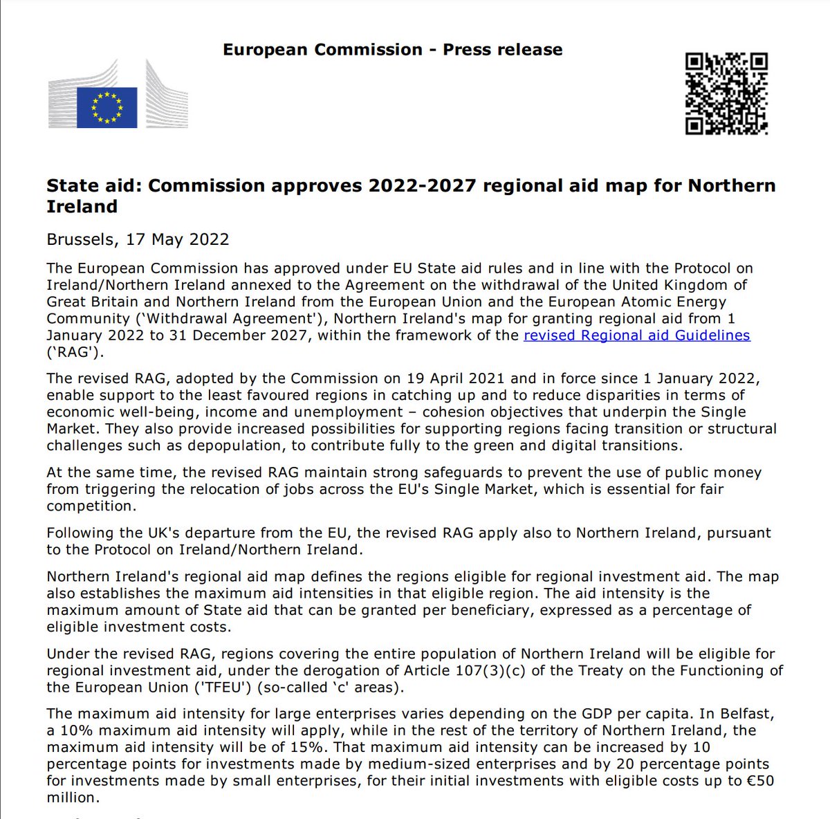 tconnellyRTE's tweet photo. Talking of the Protocol, the European Commission has just approved Northern Ireland's "map" for granting regional aid from Jan 2022 to Dec 2027.

These are desiged to allow support to "least favoured regions in catching up and to reduce disparities" in income and unemployment https://t.co/1vce0q2We0