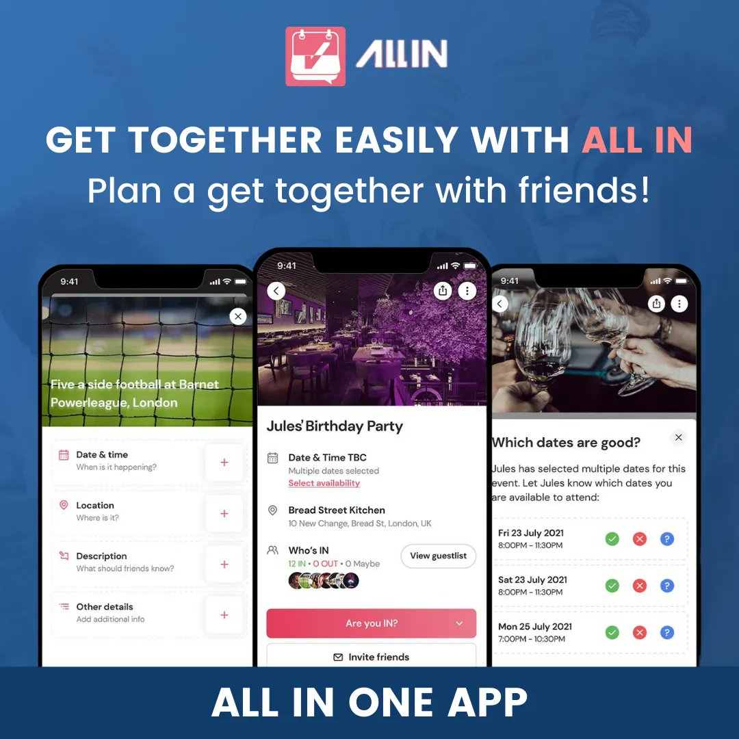 everyoneallin's tweet photo. Be together, now using just one app to organise everything! 👐

👉 Manage any social activity and get friends together easily with ALL IN.
Download our app today! https://t.co/tXVLuF3Uoh
.
#ALLIN #billsplitter #socialplanner #friends #sportsteamapp #friendship #budget https://t.co/NmR6Aob5br
