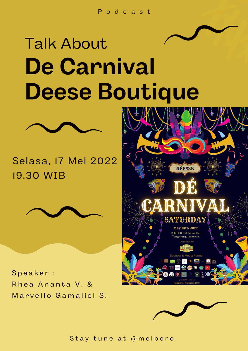️

        ━━━━━━━━━━━━━━━━
             Podcast Talk About
                   De Carnival
              Deesse Boutique
        ━━━━━━━━━━━━━━━━

On air tonight at 7.30 PM with speaker : Rhea &amp; Marvel
Stay tune!

️