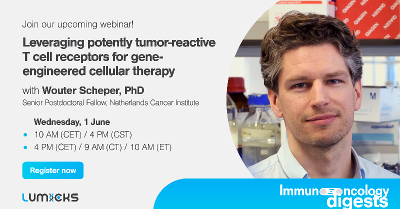 LUMICKS_nl's tweet photo. Join our next #IOdigest on 1 June to learn how leveraging potent tumor-reactive #Tcell receptors can be useful for effective cell therapy for cancer. Learn also how #cellavidity measurements provide valuable information to identify potent #TCR T cells.⬇️