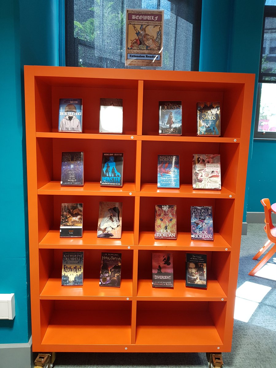 MaidaValeBooks's tweet photo. The Beowulf challenge: the library's selection of titles about the theme of 'heroic legends' to support Ms Moon's year 7 and year 8 who are studying the Old English poem. Epic! 🐉⚔️ https://t.co/VnaXJ46Kgf