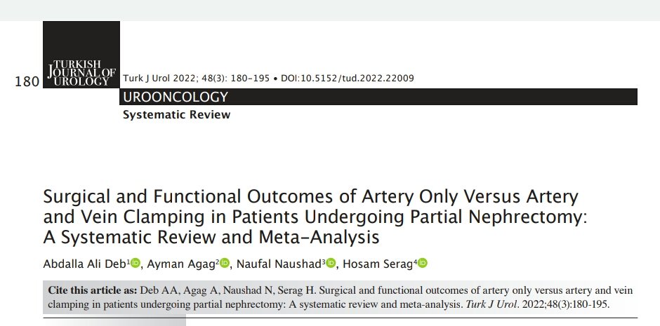 AbdallaDeb's tweet photo. Honoured to see it published, first article with my new affiliation @SouthTees @NTeesHpoolNHSFT @JoCresswell4 @TurkJUrol #JamesCookUniveristy To clip Artery Only or To Clip Artery/Vein during Partial Nephrectomy? #PartialNephrectomy #RCC #KidneyCa DOI: 10.5152/tud.2022.22009 https://t.co/U27KbUjmgD