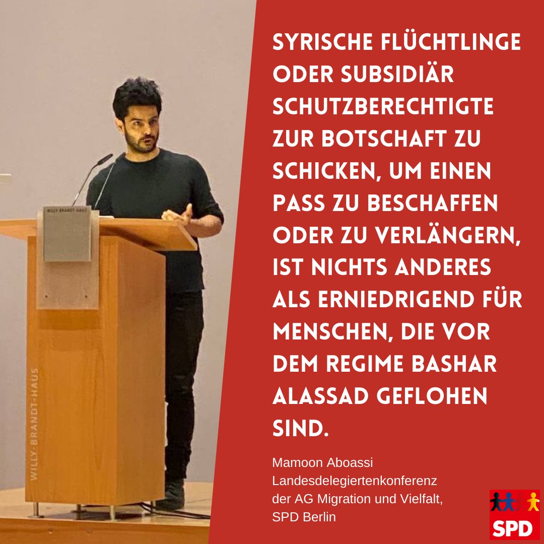 MamoonAboassi's tweet photo. Letzte Woche dürfte ich unseren Antrag von der AG Migration und Vielfalt Neukölln auf der Landesdelegiertenkonferenz der AG Mig einbringen. 
Es geht darum, Menschen nicht mehr zu zwingen zur syrischen Botschaft zu gehen, um einen Pass zu beschaffen. https://t.co/7DFnURzolw