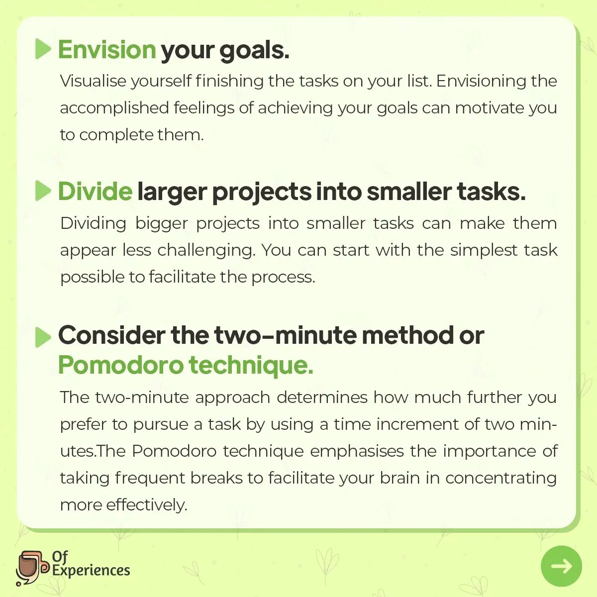 ofexperiences1's tweet photo. 🤔 Have you tried any of these methods to stop procrastination ❓
👇🏼 Tell us in the comments below.
✅ Follow @ofexperiences1 for more.
#ofexperiences #ofex #procrastination #procrastinate #stopprocrastinating #careercrossroads https://t.co/Dc7wHUre8v