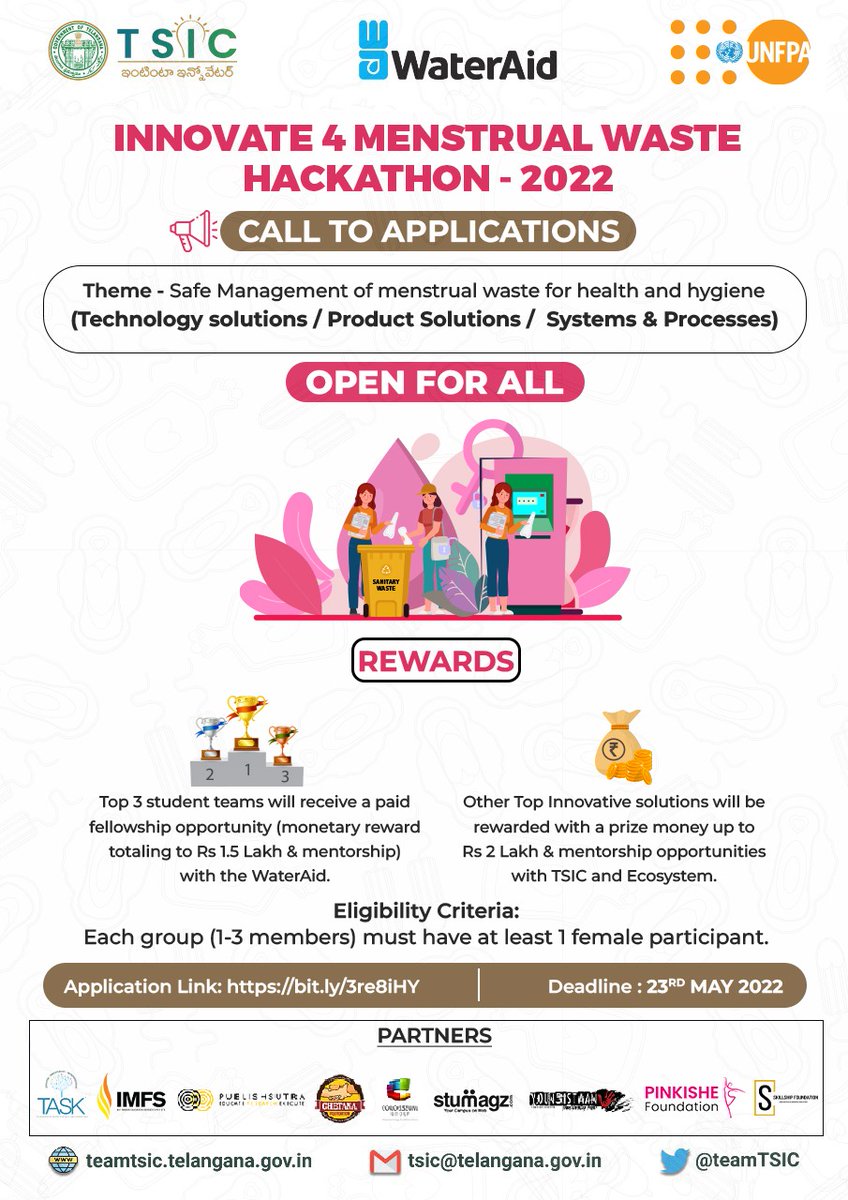 SkillshipF's tweet photo. Innovate4MenstrualWaste #hackathon is open for all to build products/processes/campaigns for Menstrual Waste Management.

Top innovations will receive #fellowship opportunity with @WaterAidIndia &amp; prize money up to 2 lakh.
Details &amp; Register at https://t.co/TyIu9ThUNQ #skillship https://t.co/UE44FgKHN6