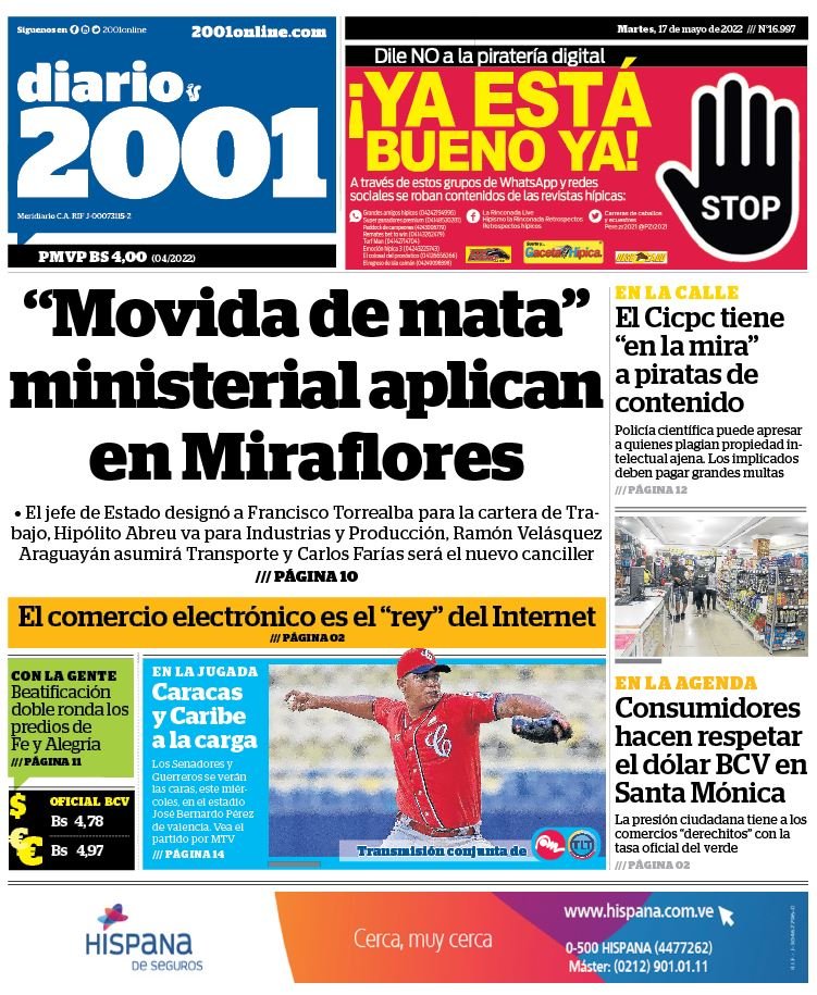 ¡Muy buenos días para todos!
Esta es nuestra #portada de #hoy #mates #17mayo en la edición impresa de 2001. Busca tu ejemplar en toda la Gran Caracas. ¡Siempre contigo! Amplía estas y otras noticias en nuestra página web: 2001online.com