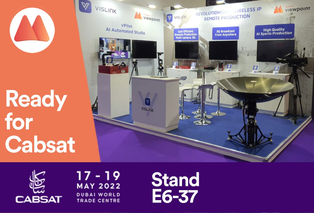 MobileViewpoint's tweet photo. Cabsat2022 has opened. We're again ready for you, with our friends of #Vislink, at E6-37.
Let's talk, and discover our solutions for #RemoteProduction, #AutomatedProduction and #Wireless #VideoOverIP.
#vPilot #IQSportsProducer #Baselink5G #5GforBroadcast
https://t.co/j6NbAzuEi3 https://t.co/vMdQLxUZbf