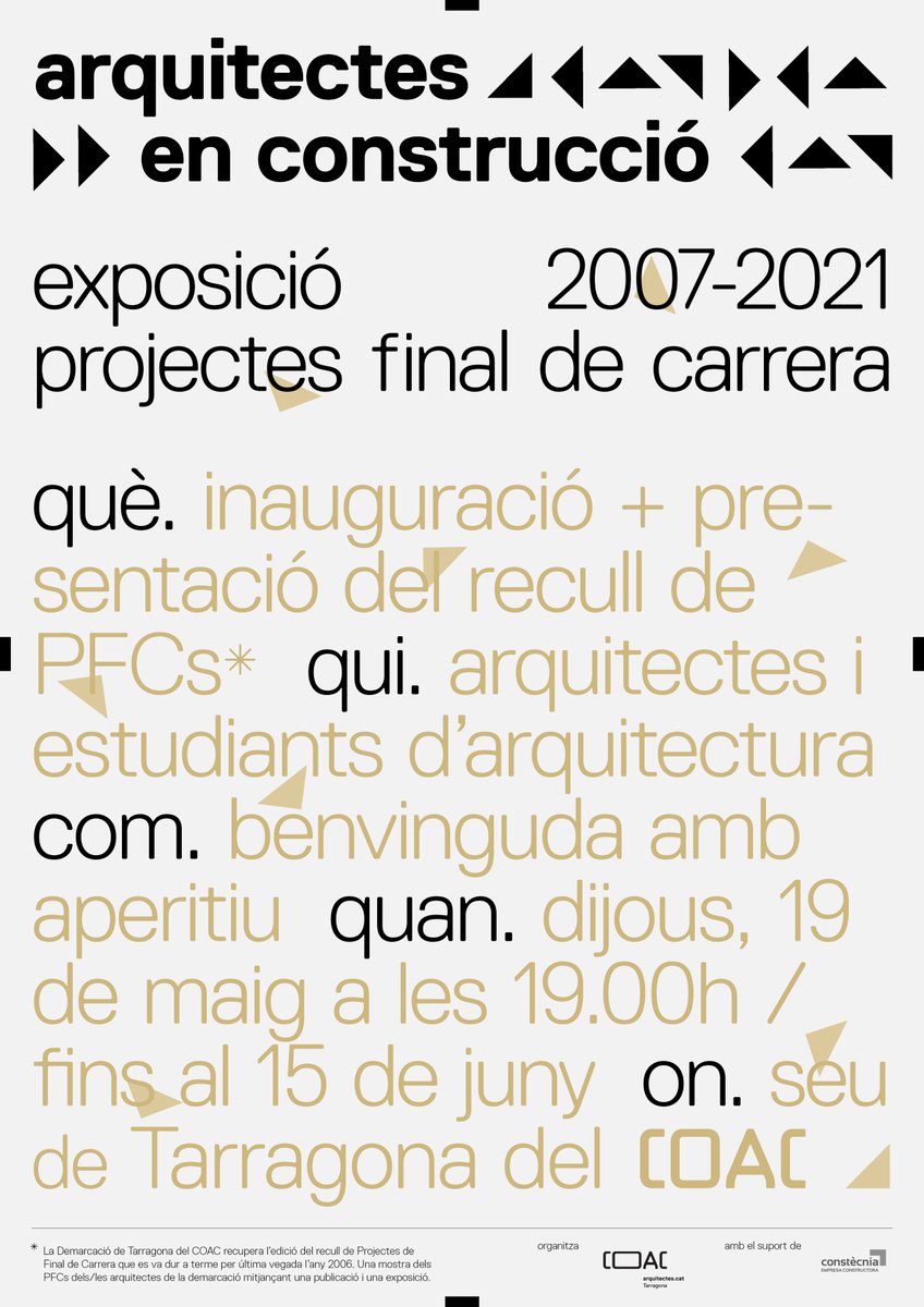 COAC_tgn's tweet photo. 👉 ARQUITECTES EN CONSTRUCCIÓ. EXPOSICIÓ PROJECTES FINAL DE CARRERA. 2007-2021
➡️ @COAC_tgn recupera l’edició d’aquest recull amb una mostra de 34 arquitectes col·legiats/des.
📆5 MAIG - 15 JUN
📆 Inauguració el 19 MAIG a les 19h
📍 COAC Tarragona
+ info:🔗https://t.co/QNFUfcV5Kk https://t.co/Jn4I7VbX9u