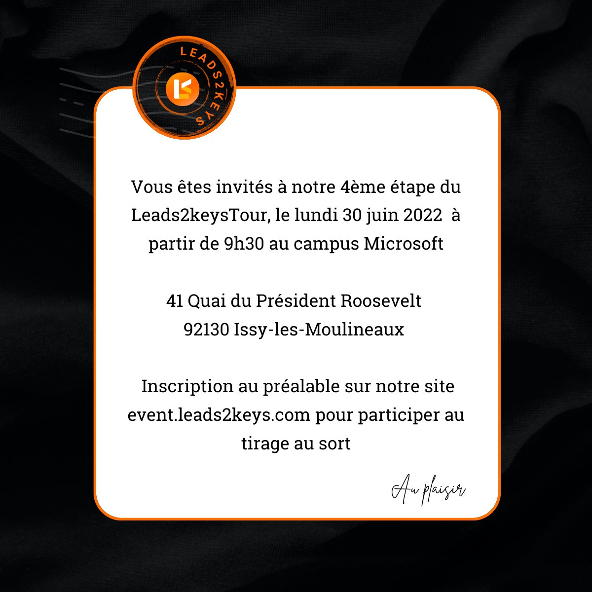 Leads2Keys's tweet photo. Bientôt à Paris 📍

Évènement marquant pour la team Leads2keys, @microsoftfrance  partenaire officiel de notre tour de France 2022 - 2023

Programme de la journée : 

9h30 🤝 premières rencontres
10h00 🥇début de la démo
12h15 🪄tirage au sort 
14h à 18h 📲 prise en main de l'app https://t.co/9B691O5G51