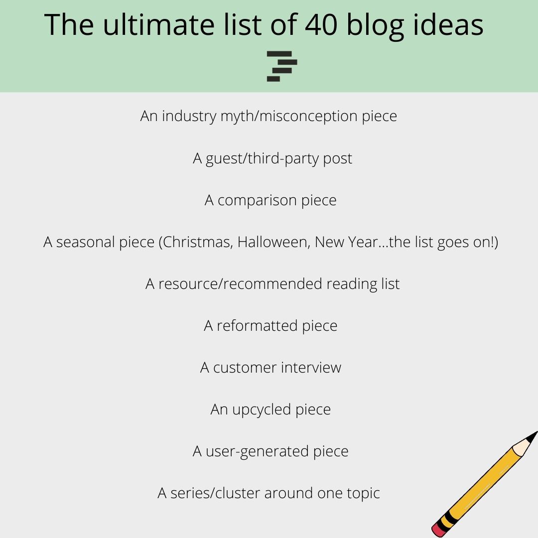 We asked our content experts and creative wizards for 40 blog ideas proven to help brands unlock the power of #ContentMarketing by engaging, entertaining and converting their audience.

💡 Here's what they had to offer💡 

#ContentMarketingTips #BlogIdeas #ContentIdeas