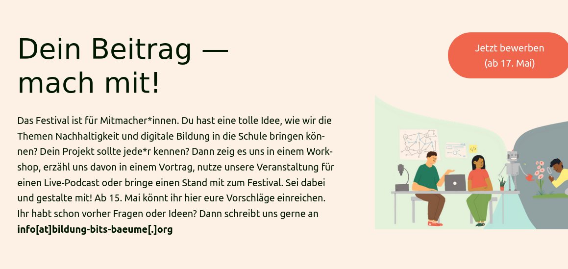 hirbel's tweet photo. Unser Call ist raus: bewerbt euch bis zum 15 Juni und werdet Teil des Bildung, Bits &amp; Bäume Festivals an der @TUBerlin. Zeigt wie Digitalisierung und Nachhaltigkeit in der Bildung aussehen können! @jungetueftler @EduInnoLab #twlz https://t.co/qekk0O0sKE