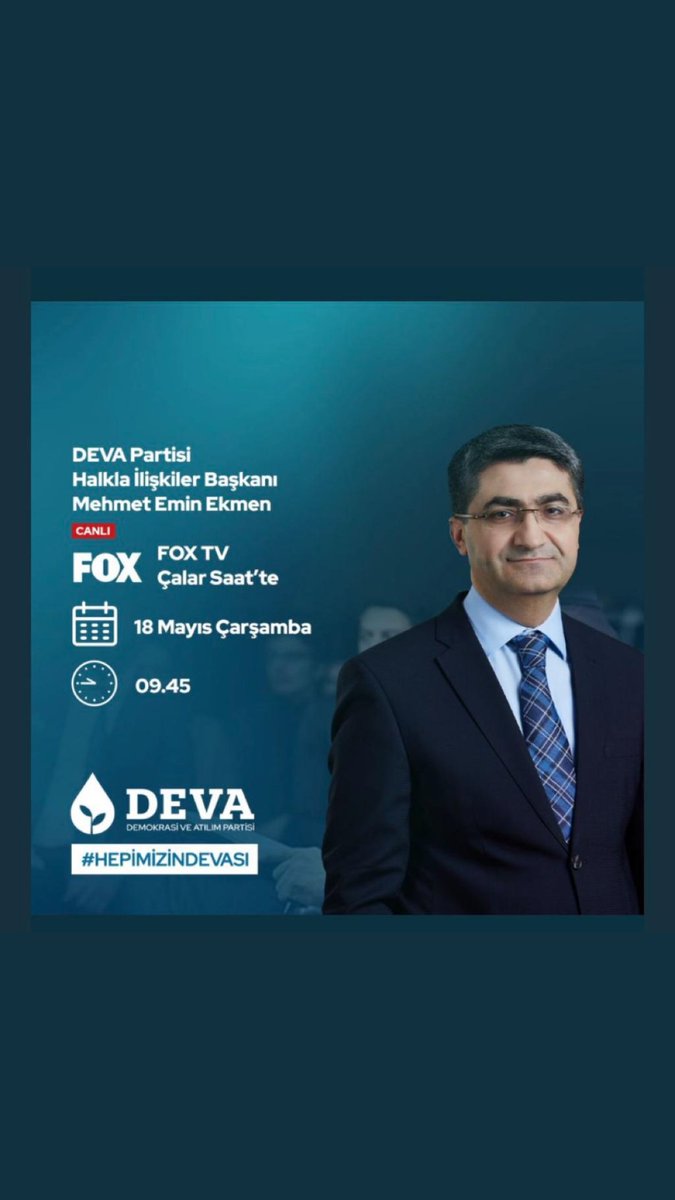 deva_bodrum's tweet photo. #DEVA #PARTİSİ Halkla ilişkiler Başkanımız @emin_ekmen 18 mayıs çarşamba saat 09.45 @FOX'tv çalar saatte. @deva_bodrum @devapartisi @alibabacan @avidrissahin @emin_ekmen @sanemoktar @erginsadullah @myeneroglu @RizvanogluEvrim @elifesendeva @Baharsaygili  @bdalgin @dogasanlioglu https://t.co/Uo3PbWGacZ