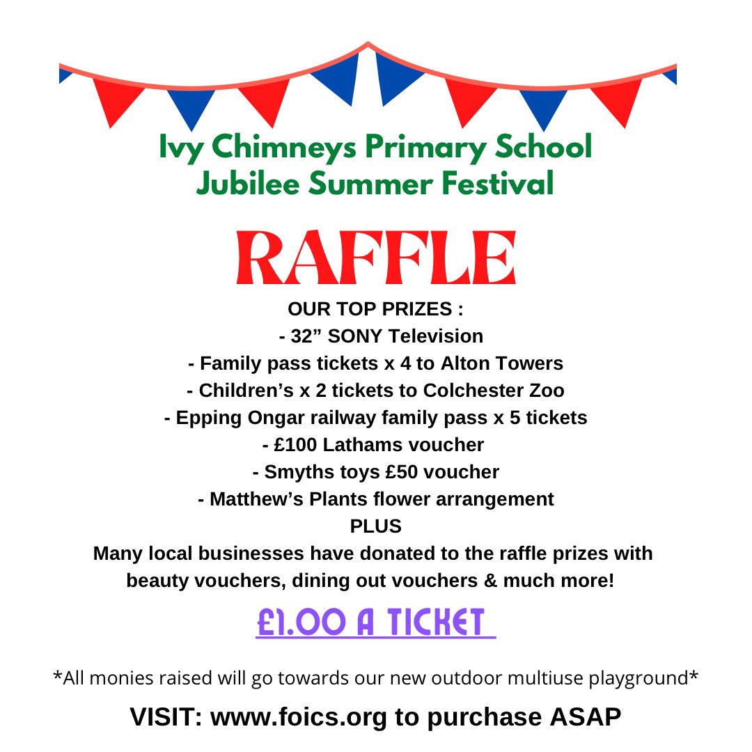 The last day to purchase your raffle tickets online is tomorrow! 18.5.2022. You will be able to purchase tickets at the festival this Saturday. The raffle will start at 2.15/2.30pm. Thank you. foics.org for more info. <a href="/IvyChimneys/">Ivy Chimneys Primary</a> <a href="/FOICs/">FoICS (Friends of Ivy Chimneys Primary School)</a>