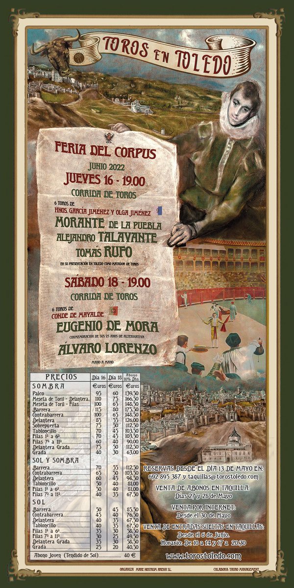 Toledo_Toros's tweet photo. 🎫 Cartel y precios para la Feria del Corpus 2022

Abonos con 10% de descuento ‼️

⚡️ Y este año, por primera vez, ABONO JOVEN hasta 26 años

Reservas desde YA en 
✉️ taquillas@toledotoros.com
📱 692 895 387

ℹ️ https://t.co/53yJC0yIkb https://t.co/MMwo4GCXnv