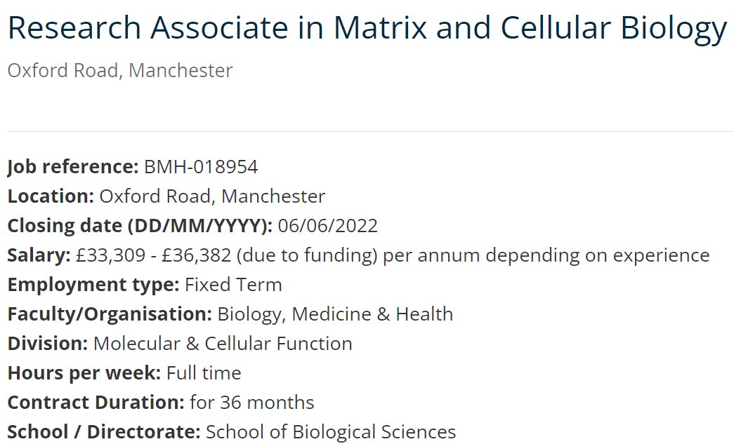 It's LIVE! 
#Recruiting a #Postdoc to study #collagen trafficking/fibrillogenesis, and how #immune+#fibroblasts coordinate in this process (maybe via #circadian!)
Deadline 6th June👇please #SpreadTheWord! I promise Manchester is sunnier than you think...
jobs.manchester.ac.uk/displayjob.asp…