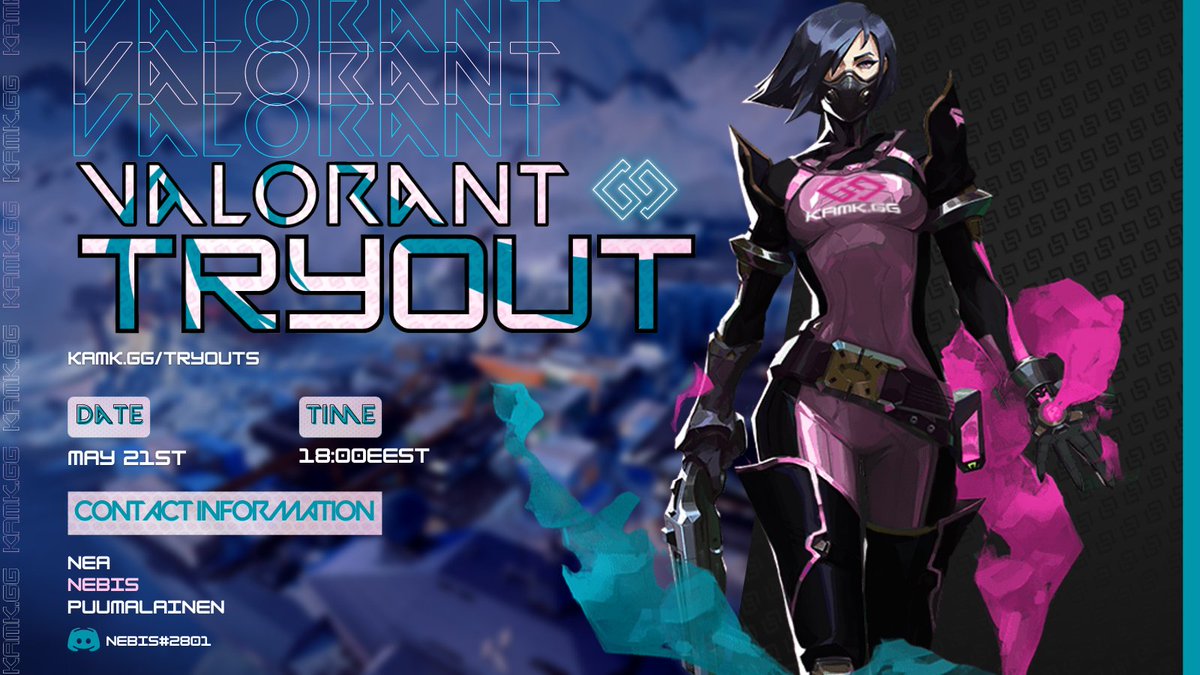 the roster news just keeps coming! #KAMKGG is now recruiting for our Female VALORANT Roster, Lumi! ❄️ current players include <a href="/nebis__/">Nebis</a>, <a href="/riinamiumau/">riina</a>, and Jannis! tryouts are this saturday (21.05) starting at 18:00! Finnish speakers only! 🇫🇮

kamk.gg/tryouts

#esportsfi