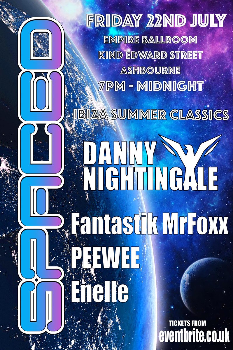 ❤ 
Spaced Derby - Ibiza Classics

Friday 22nd July 2022

The Empire Ballroom, King Edward St, Ashbourne,
Derbys, DE6 1BW

7pm until Midnight

With DJ's:
Danny Nightingale
Fantastik Mr Foxx
Peewee
enelle (Resident)

Tickets available here:
eventbrite.co.uk/e/spaced-ibiza…
❤️