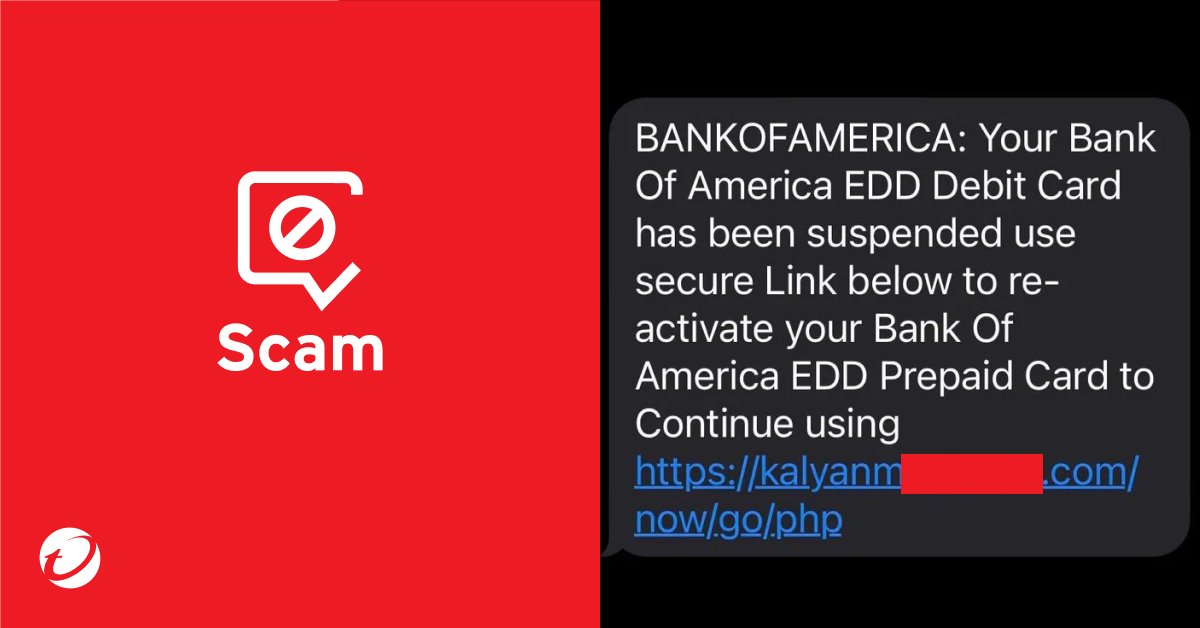 TrendMicroHome's tweet photo. ⚠️ @BankofAmerica #Phishing Alert⚠️
👿: "...Your #BankofAmerica EDD Debit Card has been suspended... "
🚨It's a #scam! Don't click on the link❌
Check before you click using #TrendMicroCheck👉 https://t.co/15wcmkJERM
#cybersecurity #infosec #bank #money #smishing #EDD https://t.co/ZobUKXoX9Y
